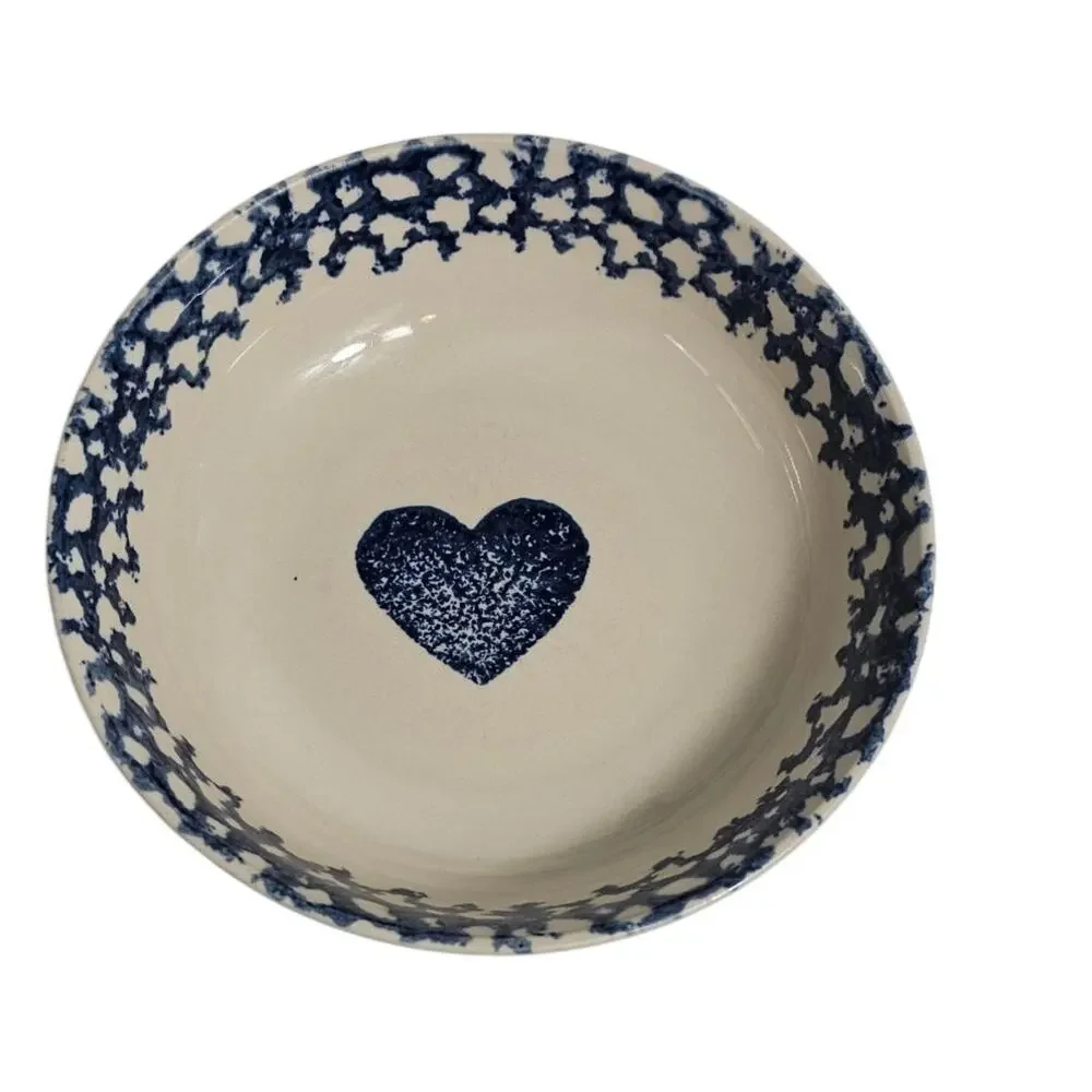 Vintage Tienshan Folk Craft Hearts Blue Spongeware Bowl Country 90s